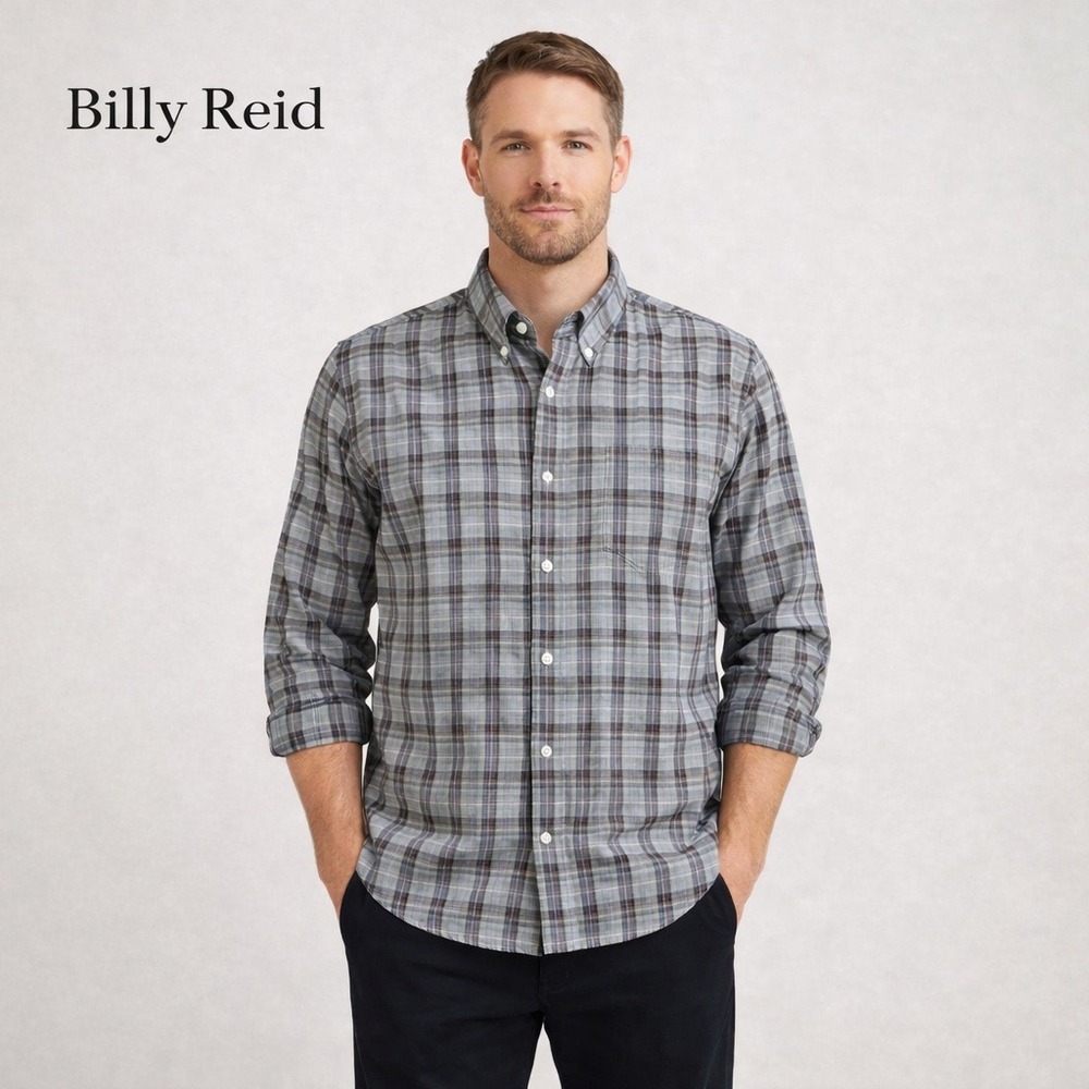 Billy Reid Mens XL Blue Grey Plaid Flannel Button Down Shirt Standard Fit Cotton